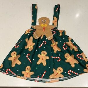 Gingerbread Print overall Dress with Candy Cane Accents 12-24m